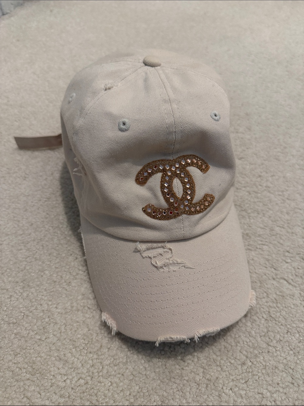 Cream Baseball Cap with Gold Crystal CC Logo